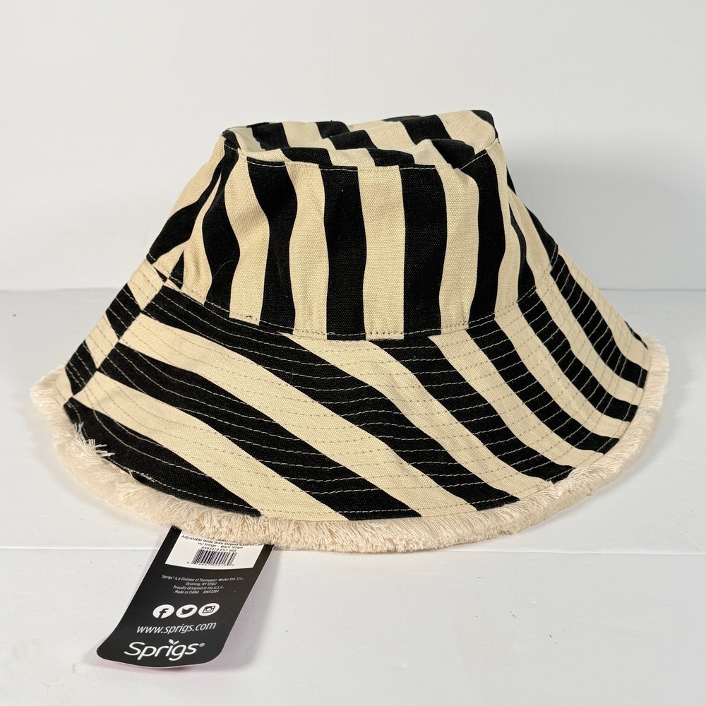 Sprigs NEW Adjustable Wide Brim Striped Summer Hat Black Beige Fringe beach pool